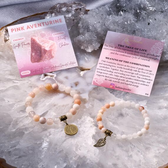 Farfume Chakra Armbänder für Frauen - Kristalle Armband Frauen natürliche Edelsteine Yoga Reiki- Ein Satz von Doppel-Armbänder(Rosa Aventurin(Mittel))