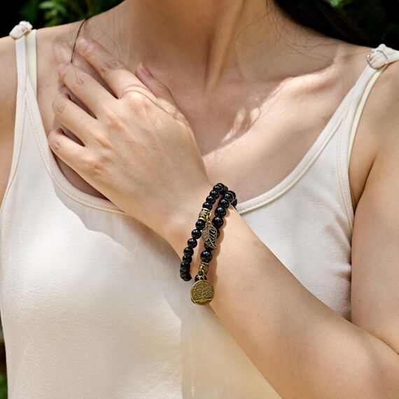 Farfume Chakra Armbänder für Frauen - Kristalle Armband Frauen natürliche Edelsteine Yoga Reiki- Ein Satz von Doppel-Armbänder(Schwarzer Obsidian(Mittel))