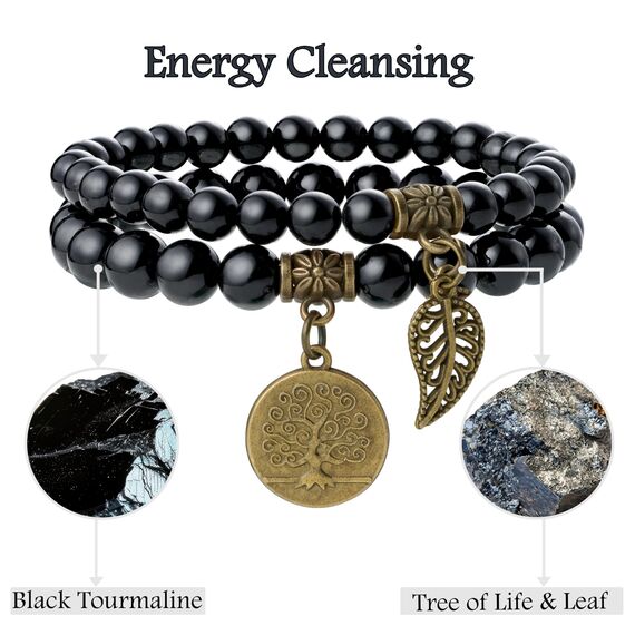 Farfume Chakra Armbänder für Frauen - Kristalle Armband Frauen Natürliche Edelsteine Yoga Reiki - Ein Satz von Doppel-Armbänder（Schwarzer Turmalin & Lebensbaum（Groß）