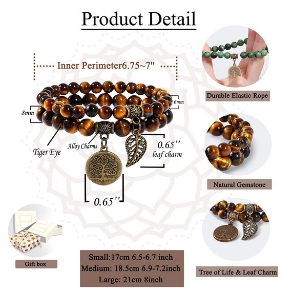 Farfume Chakra Armbänder für Frauen - Kristalle Armband Frauen natürliche Edelsteine Yoga Reiki - ein Satz von Doppel-Armbänder(Tigerauge(Mittel)