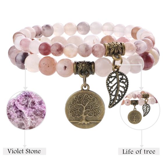 Farfume Chakra Armbänder für Frauen - Kristalle Armband Frauen natürliche Edelsteine Yoga Reiki- Ein Satz von Doppel-Armbänder(Violetter Stein(Mittel))