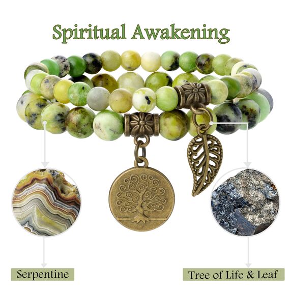 Farfume Chakra Armbänder für Frauen - Kristalle Armband Frauen natürliche Edelsteine Yoga Reiki - Ein Set von Doppel-Armbänder（Serpentin & Lebensbaum（Mittel）