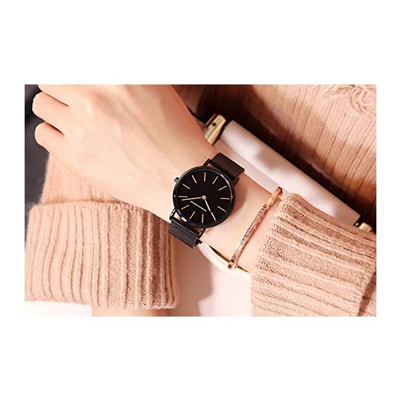 HANNAH MARTIN Damen Uhren Analog Quarz Edelstahl Wasserdicht Mesh Ultradünne (Schwarz Oberfläche ，Schwarz Armband 2)