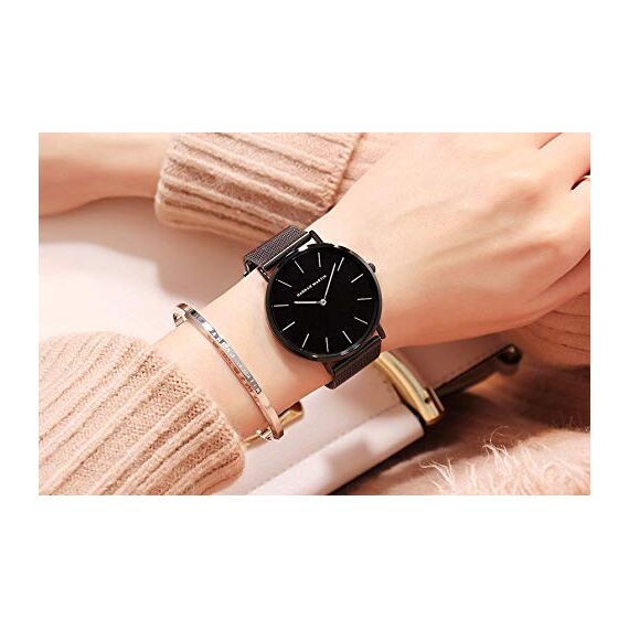 HANNAH MARTIN Damen Uhren Analog Quarz Edelstahl Wasserdicht Mesh Ultradünne (Schwarz Oberfläche ，Schwarz Armband)