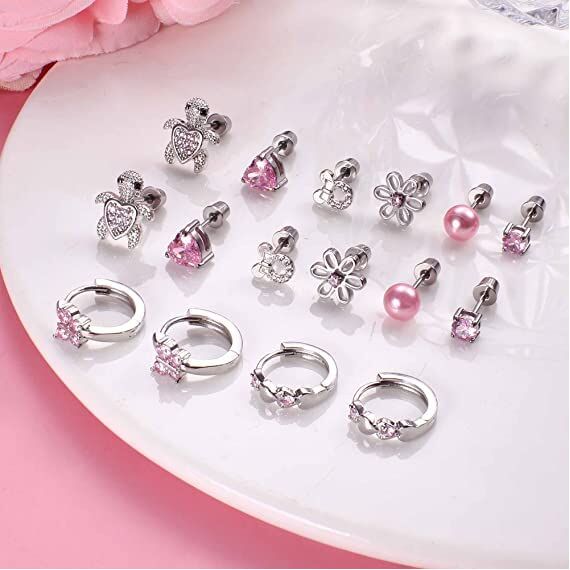 LOLIAS 8 Paare Screwback Ohrstecker Ohrringe für Damen Mädchen - Hypoallergene Hoop Ohrringe mit Nette Blume, Ball, Herz, CZ Schmetterling Stud und Tragus Knorpel Piercing