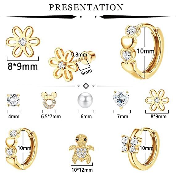 LOLIAS 8 Paare Screwback Ohrstecker für Damen Mädchen - Hypoallergene Hoop Ohrringe - Blume, Ball, Herz, CZ, Schmetterling Stud - Edelstahl Tragus Knorpel Piercing