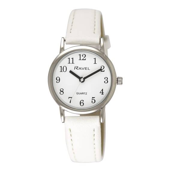 Ravel - Pastellfarbene Alltagsuhr für Damen (27 mm Gehäuse) - Analoges Quarzwerk - R0137.04.2 - Weiß/Silberton