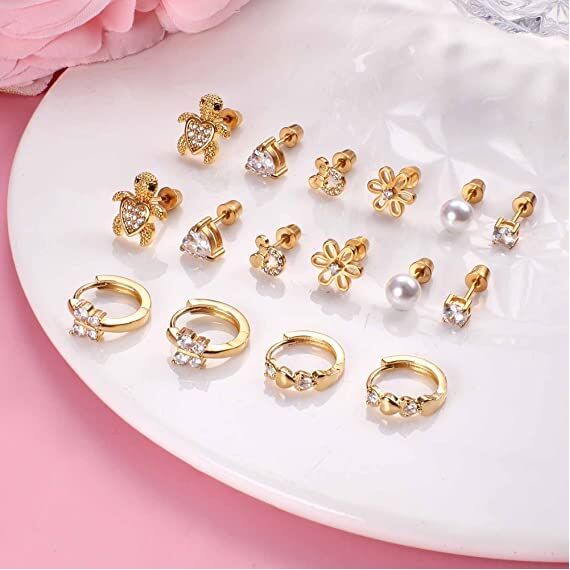 LOLIAS 8 Paare Screwback Ohrstecker für Damen Mädchen - Hypoallergene Hoop Ohrringe - Blume, Ball, Herz, CZ, Schmetterling Stud - Edelstahl Tragus Knorpel Piercing