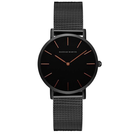 HANNAH MARTIN Damen Uhren Analog Quarz Edelstahl Wasserdicht Mesh Ultradünne (Schwarz Oberfläche ，Schwarz Armband 2)