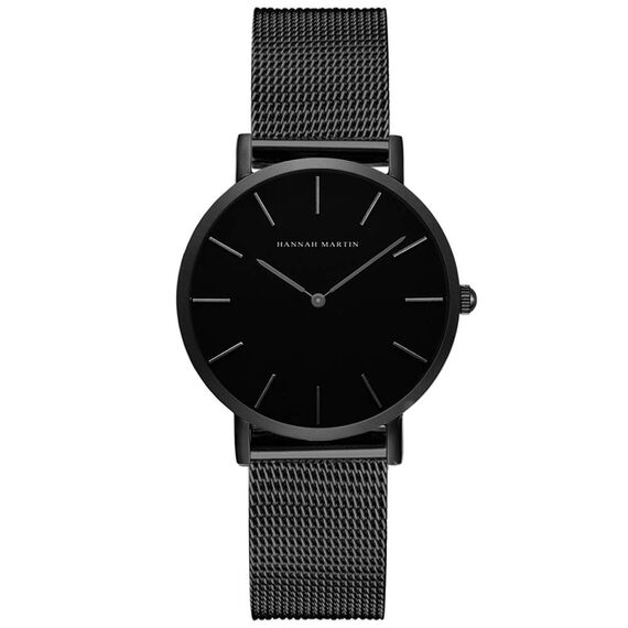 HANNAH MARTIN Damen Uhren Analog Quarz Edelstahl Wasserdicht Mesh Ultradünne (Schwarz Oberfläche ，Schwarz Armband)