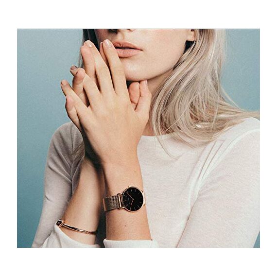 HANNAH MARTIN Damen Uhren Analog Quarz Edelstahl Wasserdicht Mesh Ultradünne (Schwarz Oberfläche ，Rosegold Armband)