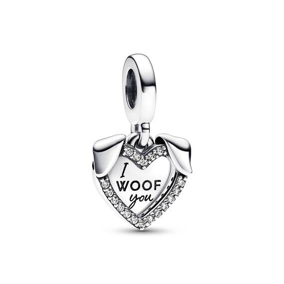 PANDORA Moments Herz & Hund Doppelter Charm-Anhänger aus Sterling Silber mit Zirkonia Moments Collection, kompatibel Moments Armbändern, 792647C01