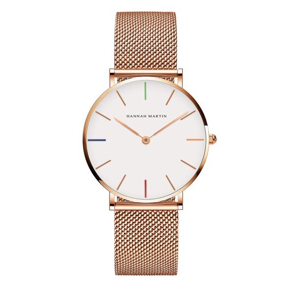 HANNAH MARTIN Damen Uhren Analog Quarz Edelstahl Wasserdicht Mesh Ultradünne (Weiß Oberfläche ，Rosegold Armband 2)