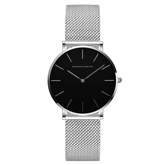HANNAH MARTIN Damen Uhren Analog Quarz Edelstahl Wasserdicht Mesh Ultradünne (Schwarz Oberfläche ，Silber Armband)