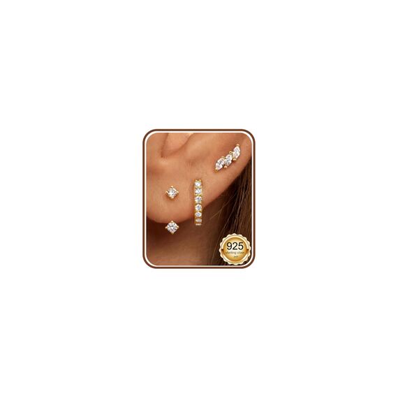JeweBella 3 Paar Ohrringe Silber 925 Set für Damen 14 Karat Vergoldet Kleine Ohrstecker Stapelbar Zirkonia Creolen für Mehrere Piercings