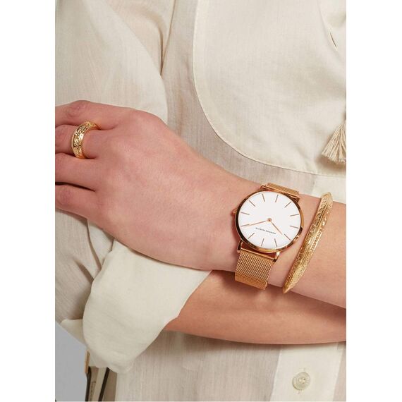 Hannah Martin Damen Uhren Analog Quarz Edelstahl Wasserdicht Mesh Ultradünne (Weiß Oberfläche ，Rosegold Armband)