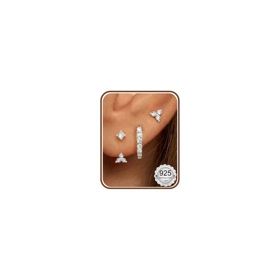 JeweBella 3 Paar Ohrringe Silber 925 für Damen 14 Karat Vergoldet - Kleine Ohrstecker Stapelbar Zirkonia Creolen Set für Mehrere Piercings