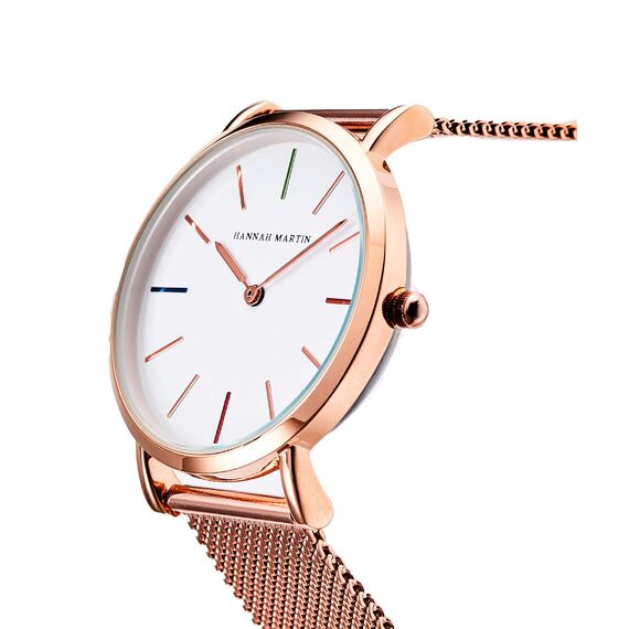 HANNAH MARTIN Damen Uhren Analog Quarz Edelstahl Wasserdicht Mesh Ultradünne (Weiß Oberfläche ，Rosegold Armband 2)