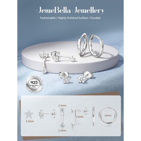 JeweBella 3 Paar Ohrringe Silber 925 Set für Damen 14 Karat Vergoldet Kleine Ohrstecker Stapelbar Zirkonia Creolen für Mehrere Piercings