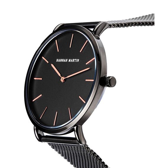 HANNAH MARTIN Damen Uhren Analog Quarz Edelstahl Wasserdicht Mesh Ultradünne (Schwarz Oberfläche ，Schwarz Armband 2)