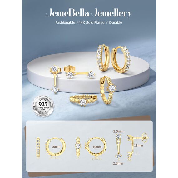 JeweBella 3 Paar Ohrringe Silber 925 Set für Damen 14 Karat Vergoldet Kleine Ohrstecker Stapelbar Zirkonia Creolen für Mehrere Piercings