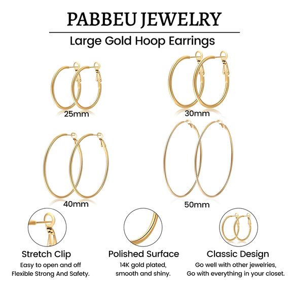 PABBEU 4 Paar goldene Creolen, große Creolen aus 316L Edelstahl, leichte, 14 Karat vergoldete Ohrringe, hypoallergene, dünne goldene Creole für Frauen, 30/40/50/60/70 mm
