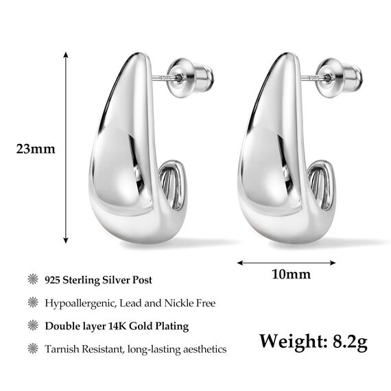 DOCHAIS Ohrringe Silber Damen | 14K Vergoldete Huggie Creolen 925 Sterling Silber Stecker, Hypoallergene Tropfen Ohrringe, Wasserfeste Klein Offen Creolen Silber Statement Schmuck Geschenke Frauen