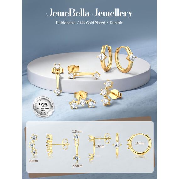 JeweBella 3 Paar Ohrringe Silber 925 Set für Damen 14 Karat Vergoldet Kleine Ohrstecker Stapelbar Zirkonia Creolen für Mehrere Piercings