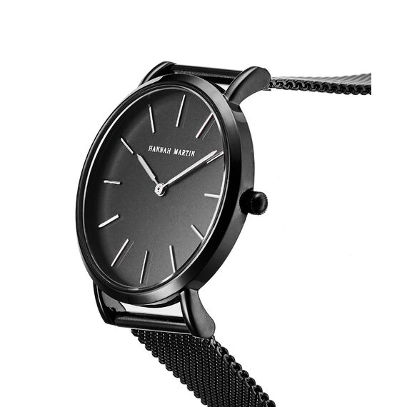 HANNAH MARTIN Damen Uhren Analog Quarz Edelstahl Wasserdicht Mesh Ultradünne (Schwarz Oberfläche ，Schwarz Armband)