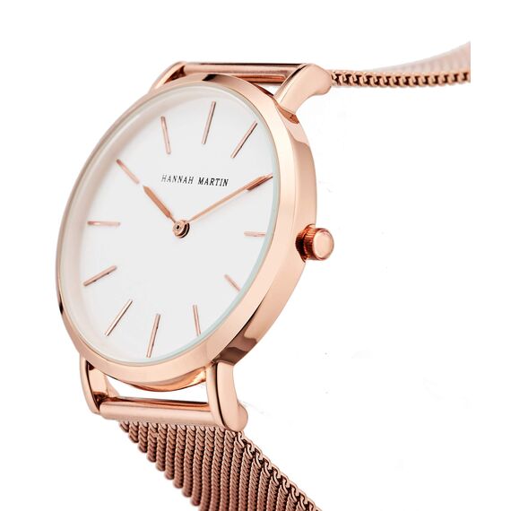 Hannah Martin Damen Uhren Analog Quarz Edelstahl Wasserdicht Mesh Ultradünne (Weiß Oberfläche ，Rosegold Armband)