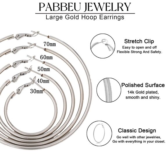 PABBEU 5 Paar Creolen Silber, große Creolen aus Edelstahl leichte Ohrringe Silber hypoallergen dünne silberne Creole für Frauen 30/40/50/60/70 mm