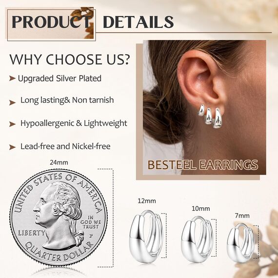 Chriscoco 3 Paare Creolen Weißgold für Damen Ohringe Gold Set Hypoallergen Silber Ohrringe Creolen Klein