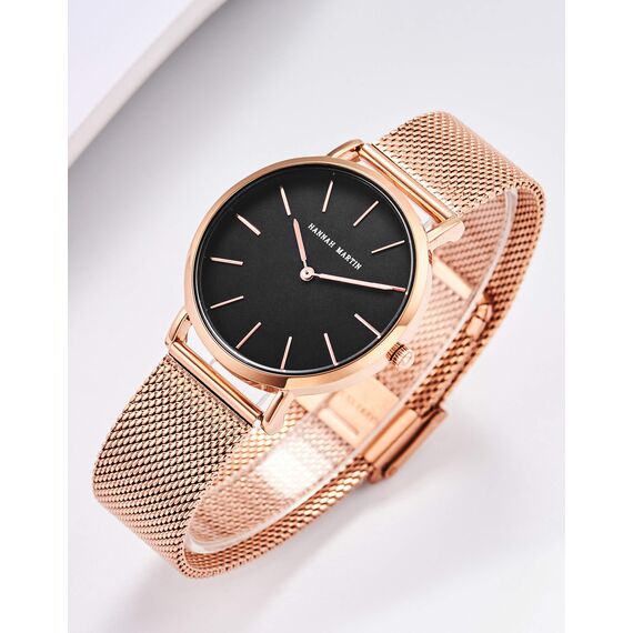 HANNAH MARTIN Damen Uhren Analog Quarz Edelstahl Wasserdicht Mesh Ultradünne (Schwarz Oberfläche ，Rosegold Armband)