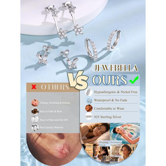 JeweBella 3 Paar Ohrringe Silber 925 Set für Damen 14 Karat Vergoldet Kleine Ohrstecker Stapelbar Zirkonia Creolen für Mehrere Piercings