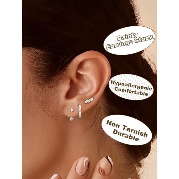 JeweBella 3 Paar Ohrringe Silber 925 Set für Damen 14 Karat Vergoldet Kleine Ohrstecker Stapelbar Zirkonia Creolen für Mehrere Piercings