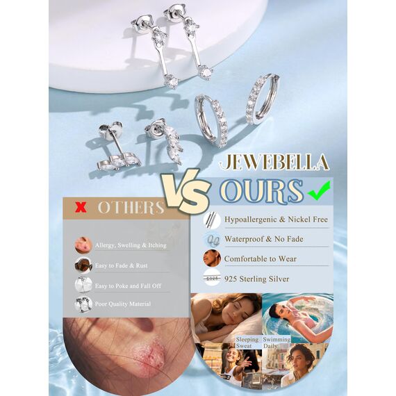 JeweBella 3 Paar Ohrringe Silber 925 Set für Damen 14 Karat Vergoldet Kleine Ohrstecker Stapelbar Zirkonia Creolen für Mehrere Piercings