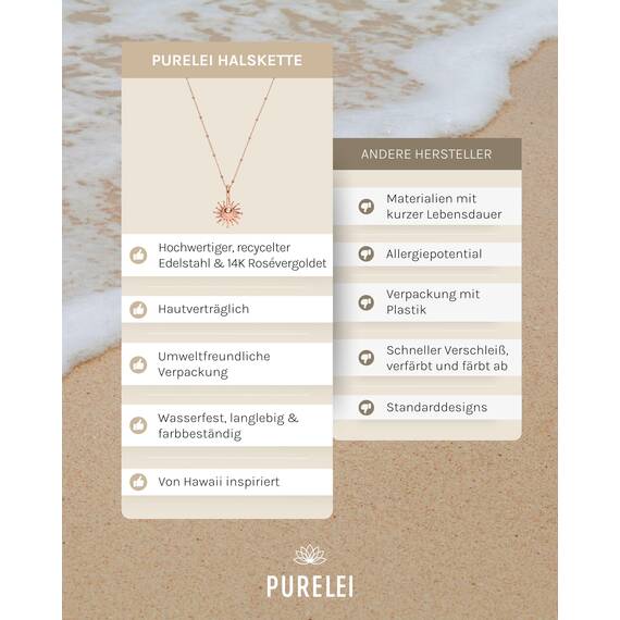 Purelei Sun Kette Damen (Roségold) – Halskette Damen aus langlebigem Edelstahl – Wasserfeste Kette mit Anhänger – 50-55 cm Länge verstellbar – Halskette für deinen individuellen Look