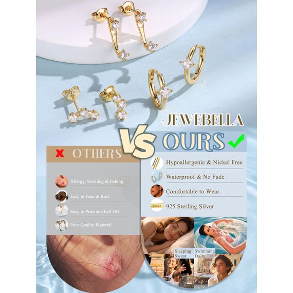 JeweBella 3 Paar Ohrringe Silber 925 Set für Damen 14 Karat Vergoldet Kleine Ohrstecker Stapelbar Zirkonia Creolen für Mehrere Piercings