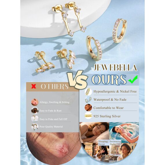 JeweBella 3 Paar Ohrringe Silber 925 Set für Damen 14 Karat Vergoldet Kleine Ohrstecker Stapelbar Zirkonia Creolen für Mehrere Piercings