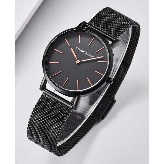 HANNAH MARTIN Damen Uhren Analog Quarz Edelstahl Wasserdicht Mesh Ultradünne (Schwarz Oberfläche ，Schwarz Armband 2)