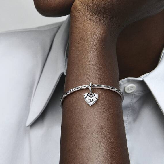 PANDORA Moments Herz & Hund Doppelter Charm-Anhänger aus Sterling Silber mit Zirkonia Moments Collection, kompatibel Moments Armbändern, 792647C01