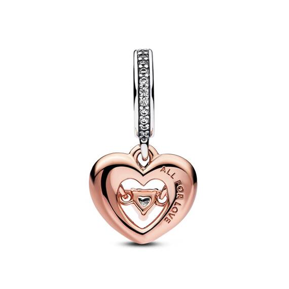 PANDORA Bicolor Strahlendes Herz Charm-Anhänger aus Sterlingsilber mit Zirkonia in der Farbe Silber-Roségold-Rot, Kompatibel mit PANDORA Moments Armbänder, 782450C01