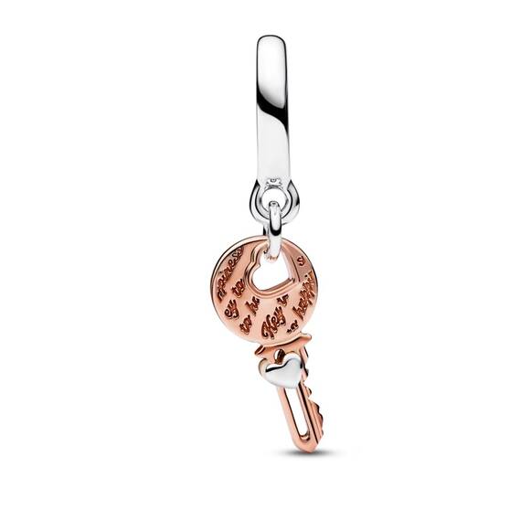PANDORA Bicolor Schlüssel & bewegliches Herz Charm-Anhänger aus Sterling-Silber und rosévergoldete Metalllegierung, aus der PANDORA Moments Collection, 782510C00