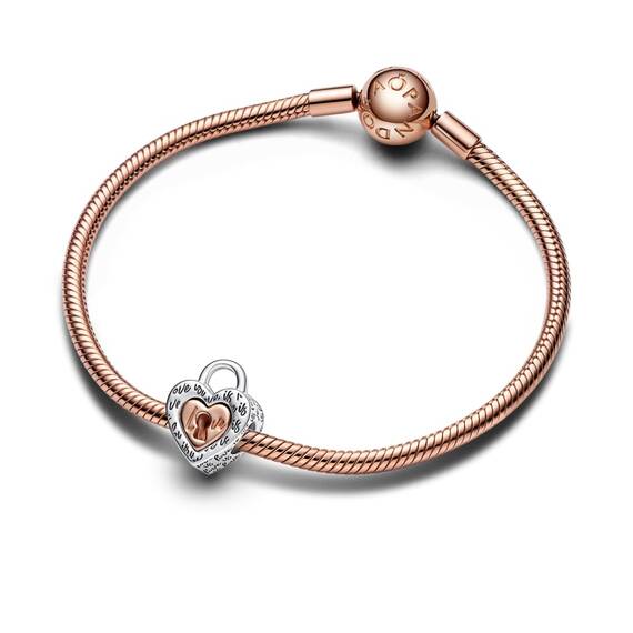 PANDORA Bicolor Vorhängeschloss Teilbares Herz-Charm aus Sterling-Silber und rosévergoldete Metalllegierung, aus der PANDORA Moments Collection, 782505C00