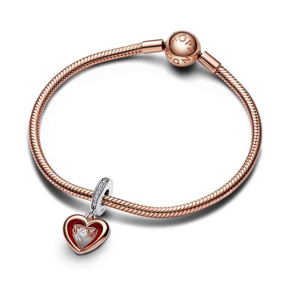 PANDORA Bicolor Strahlendes Herz Charm-Anhänger aus Sterlingsilber mit Zirkonia in der Farbe Silber-Roségold-Rot, Kompatibel mit PANDORA Moments Armbänder, 782450C01