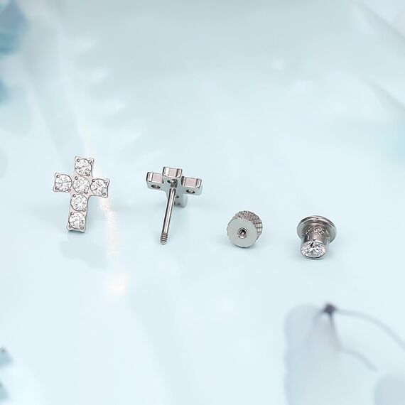 Limerencia Medizinische Titan Ohrringe, G23 Hypoallergen Gesundheitsstecker Ohrstecker mit Schraubverschluss, Nickelfreie Ohrringe für Damen, Mädchen und Kinder(Kreuz CZ Silber)