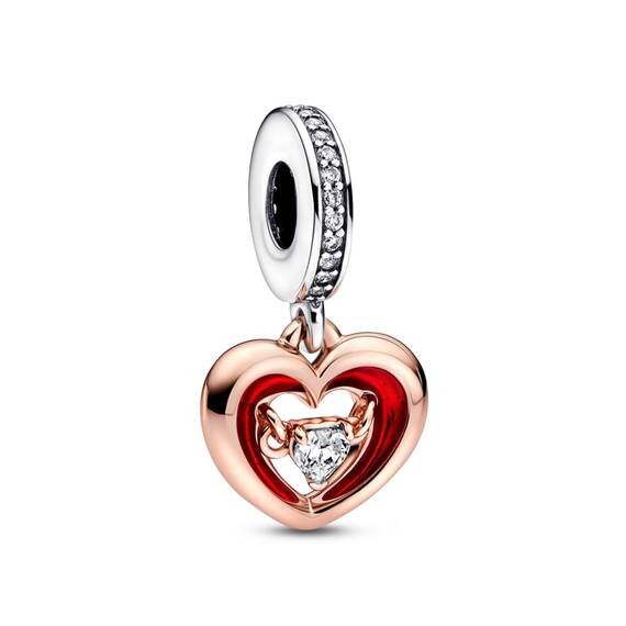 PANDORA Bicolor Strahlendes Herz Charm-Anhänger aus Sterlingsilber mit Zirkonia in der Farbe Silber-Roségold-Rot, Kompatibel mit PANDORA Moments Armbänder, 782450C01