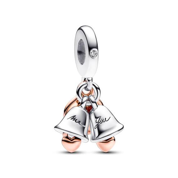 PANDORA Moments Bicolor Hochzeitsglocken Doppelter Charm-Anhänger mit rosevergoldeter Metalllegierung Moments Collection, kompatibel Moments Armbändern, 782592C01