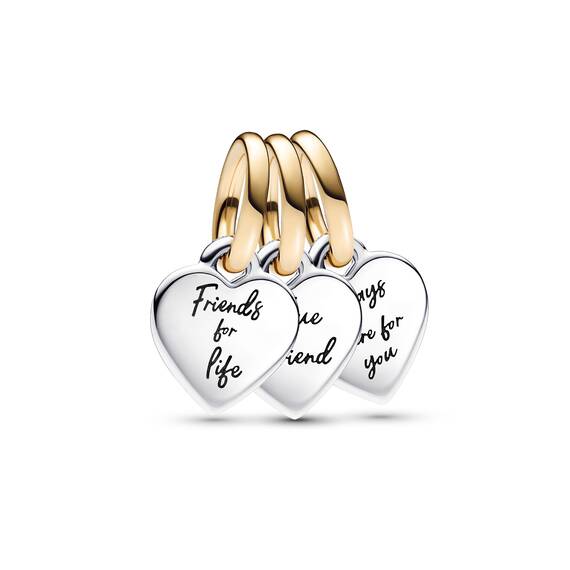 PANDORA Moments Bicolor Teilbarer Dreifacher Freundschafts-Charm-Anhänger aus Sterling Silber mit vergoldeter Metalllegierung, Zirkonia, Kompatibel Moments Armbänder, 762722C00