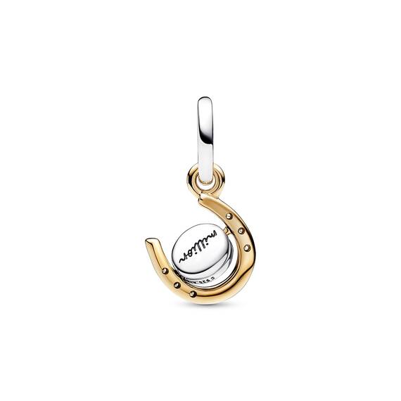 PANDORA Moments Bicolor Drehende Hufeisen-Scheibe Charm-Anhänger aus Sterling Silber mit 14 Karat vergoldeter Metalllegierung, Zirkonia, Kompatibel Moments Armbänder, 762713C01